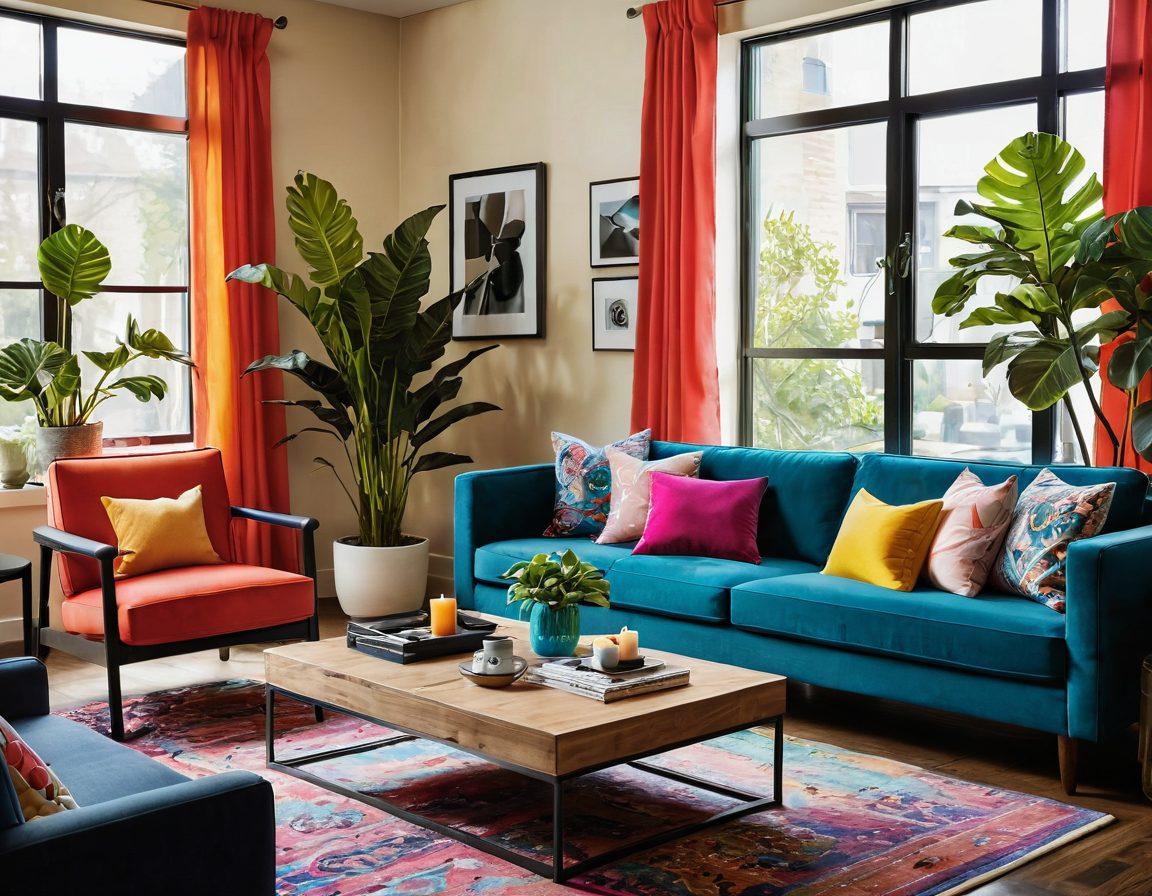 A stylish, modern living room showcasing vibrant decor, featuring plush furniture, colorful accents, lush indoor plants, and warm lighting that creates an inviting atmosphere. Include a coffee table adorned with artful magazines and candles for a chic touch. The window should reveal a bright, sunny day outside. super-realistic. vibrant colors. cozy setting.
