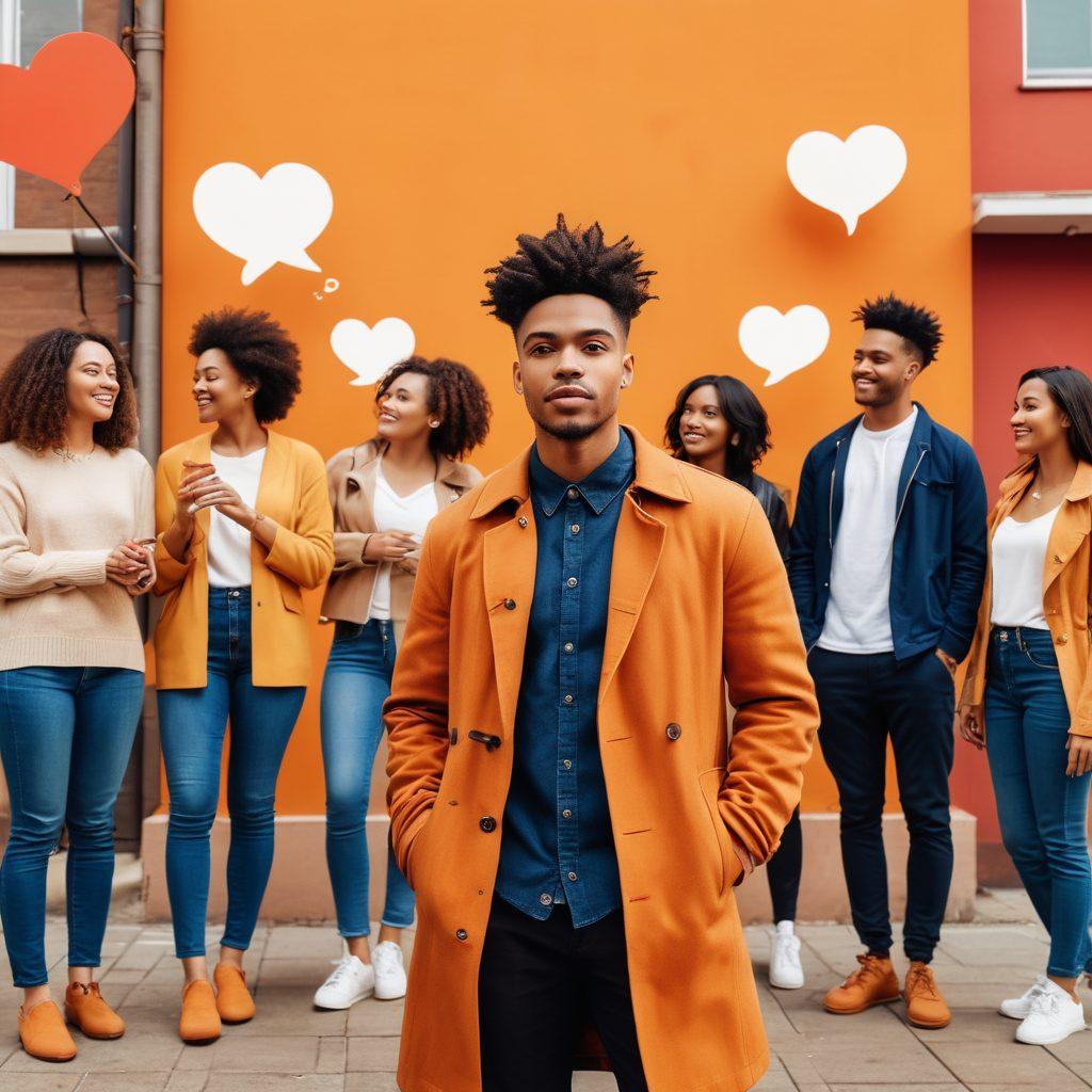 A confident individual standing stylishly in a modern urban setting, surrounded by diverse couples expressing love and connection, with symbolic elements of communication interspersed like hearts and speech bubbles. The scene should reflect authenticity and vibrancy, showcasing different styles of self-expression through fashion and body language. Emphasize warm colors to evoke a friendly and inviting atmosphere. super-realistic. vibrant colors. urban background.