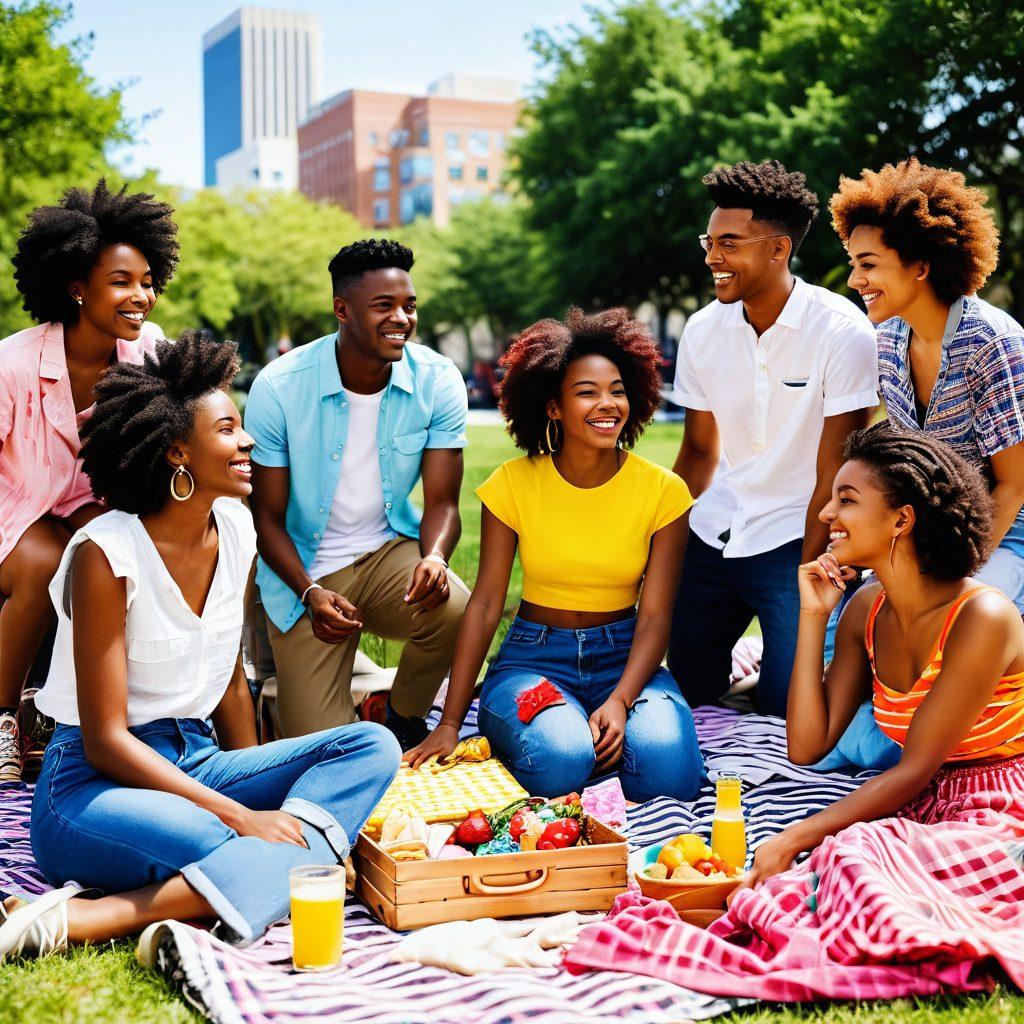 A vibrant scene of diverse young adults enjoying a sunny day at a trendy urban park, showcasing stylish outfits and carefree expressions. Include elements like colorful picnic blankets, stylish accessories, and a backdrop of modern architecture with greenery. Capture a sense of joy, connection, and youthful energy. super-realistic. vibrant colors. white background.
